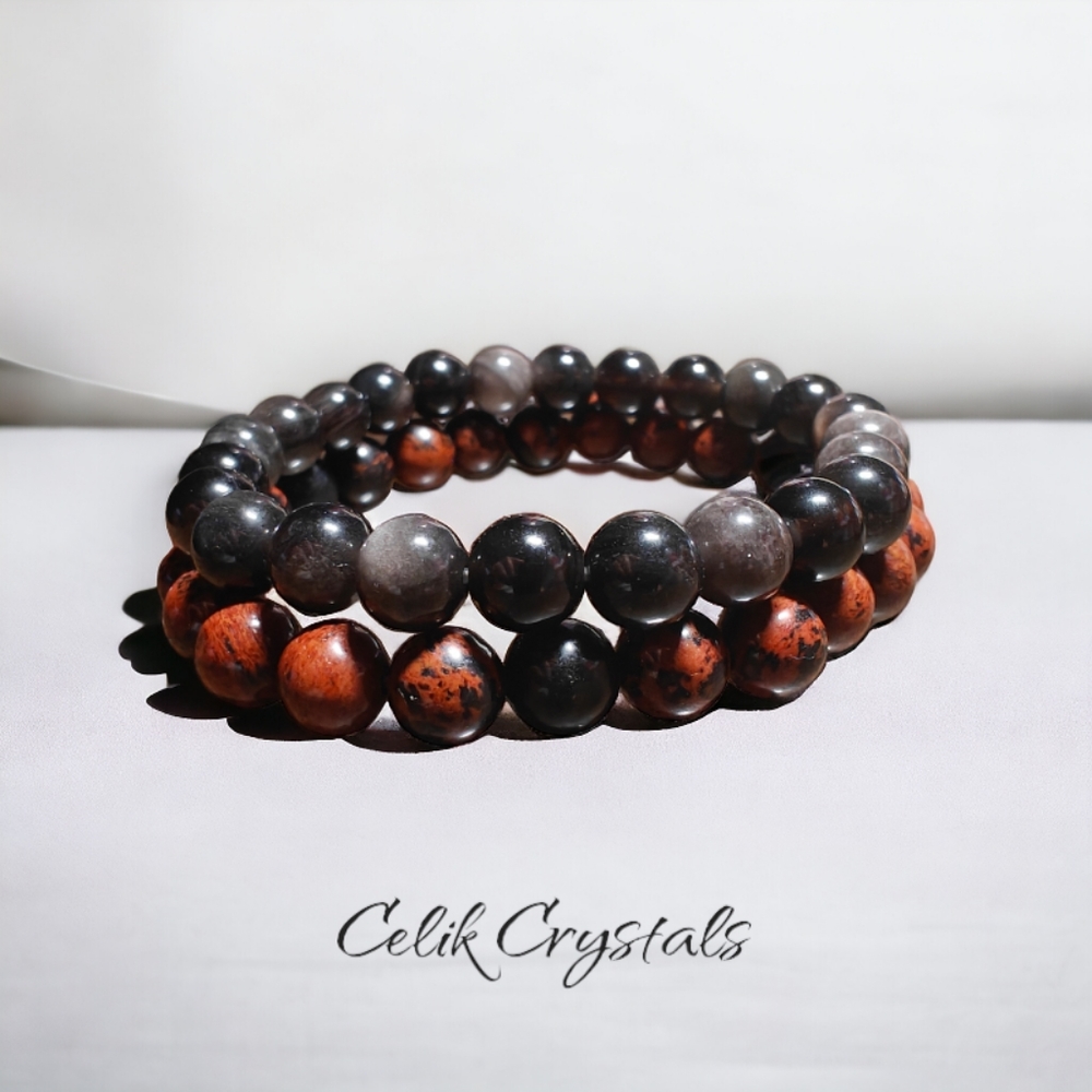 Mahogany & Silver Obsidian Bracelet Stack 2 Pieces 8mm Natural Stones Un…